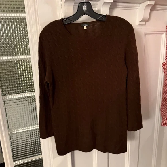 J Crew Women’s 100% CASHMERE Sweater Brown Cable Knit Sz L  EUC - Picture 5 of 8